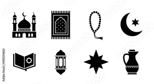 Islamic symbols and religious elements in a black and white set