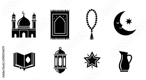 Islamic symbols and elements in a black and white vector illustration