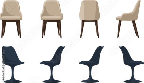 Vector illustration of two rows of chairs showing beige upholstered wooden chairs and modern dark blue pedestal chairs from multiple angles for furniture design comparison concepts.