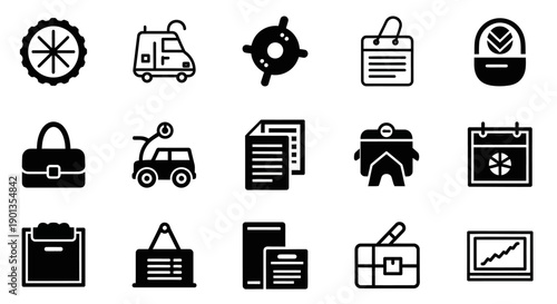 Collection of black and white vector icons representing various services and objects