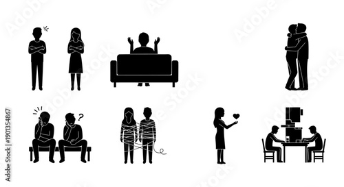 Black silhouettes depicting various stages of a romantic relationship