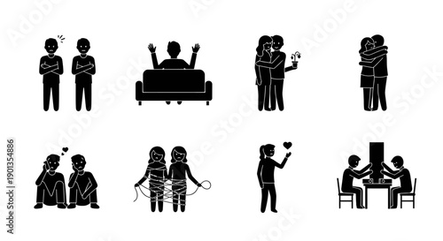 Black silhouette icons depicting various stages and types of relationships