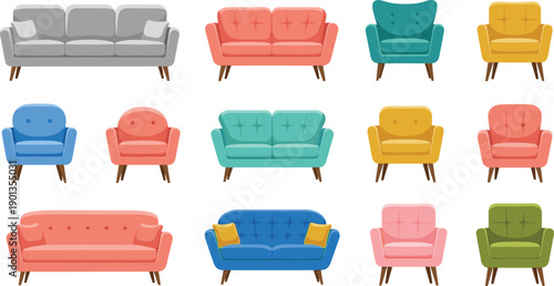 Vector illustration of fifteen colorful sofas and armchairs in mid‑century modern style with tufted upholstery and wooden legs, arranged in grid pattern for furniture design concepts.