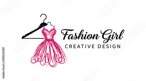Fashion girl creative design logo with dress and hanger