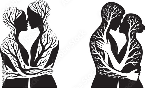 Couple hugging with tree branches entwined