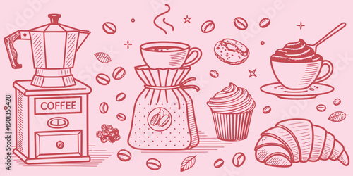 A delightful hand-drawn illustration featuring a variety of coffee-related items and pastries in a minimalist pink and cream aesthetic, perfect for a morning-themed story