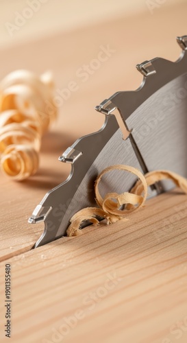 Close-up of circular saw blade cutting wood with curling shavings in carpenter workshop