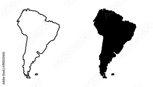 Stylized Abstract Solid and Outline Map of the Continent South America. Vector Image.