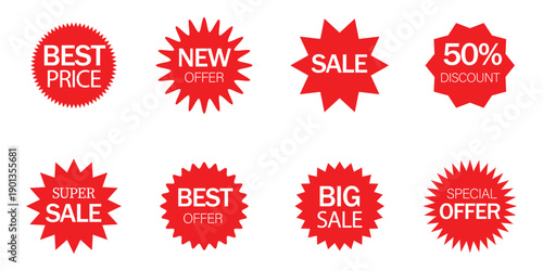 Red sale sticker icon set. Red sunburst badge collection for best price, new offer, and discount promotion. Vector illustration.
