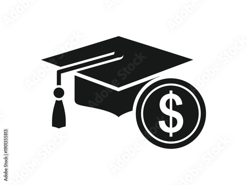 Icon depicting a graduation cap and a dollar coin, representing educational costs, scholarships, or student loans.