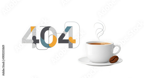 404 error page with a steaming cup of coffee on a saucer transparent background