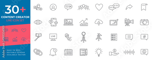 Content creator icon set featuring thin line vector icons for social media, digital storytelling, video production, blogging, influencers, and online branding concepts