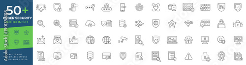 Cyber security icon set featuring thin line vector icons for data protection, network safety, privacy, encryption, firewall, and digital defense concepts