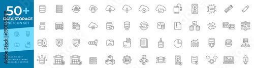 Data storage icon set featuring thin line vector icons for cloud computing, servers, databases, hardware, network hosting, file management, and digital information backup