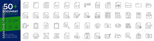 Document icon set featuring thin line vector icons for file management, office administration, paper organization, digital storage, folders, archives, and data processing