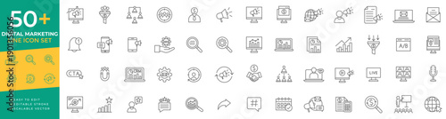 Digital marketing icon set featuring thin line vector icons for SEO, social media, advertising, email campaigns, conversion funnels, analytics, and online business strategy concepts