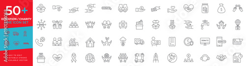 Donation and charity icon set featuring thin line vector icons for non-profit organizations, philanthropy, volunteer work, community support, humanitarian aid, and fundraising concepts