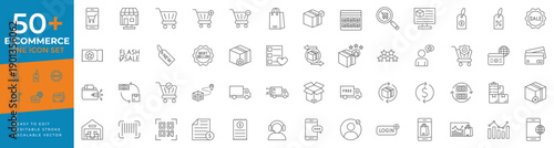 E-commerce icon set featuring thin line vector icons for online shopping, retail stores, digital payment, delivery, logistics, sales tracking, and consumer commerce concepts