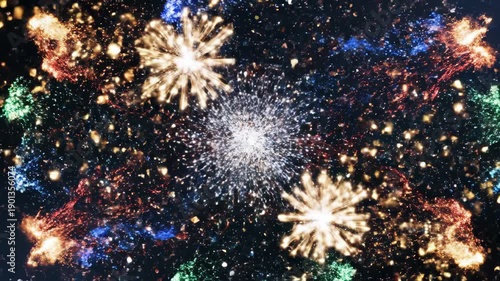 Sparkling fireworks display on dark background animation abstract celebration festive magical firecrackers bokeh particles