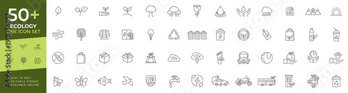 Ecology icon set featuring thin line vector icons for environmental protection, green energy, sustainable lifestyle, recycling, nature conservation, and renewable resources