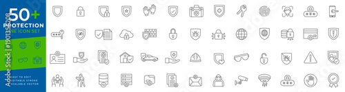 Protection icon set featuring thin line vector icons for data security, privacy, safety, insurance, shield symbols, defense systems, and digital encryption