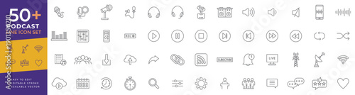 Podcast icon set featuring thin line vector icons for audio broadcasting, radio streaming, microphone recording, music studio, entertainment, and digital media content