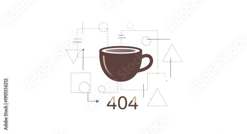 Brown coffee cup with 404 error and technical diagram isolated on white background transparent background