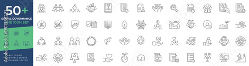 Social governance icon set featuring thin line vector icons for corporate responsibility, business ethics, legal justice, human rights, and community leadership