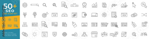 SEO icon set featuring thin line vector icons for search engine optimization, digital marketing, website analytics, ranking strategy, and online business growth