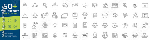Tech support icon set featuring thin line vector icons for customer service, online assistance, troubleshooting, hardware repair, help desk, and technical communication