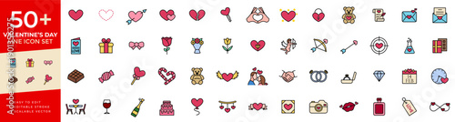 Valentine's day icon set featuring thin line vector icons for romantic celebration, love, wedding, engagement, dating, anniversary, gifts, rings, and special couple moments for love-themed designs