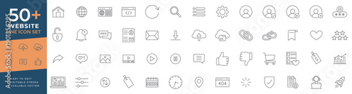 Website icon set featuring thin line vector icons for web development, user interface design, digital marketing, online services, and internet technology