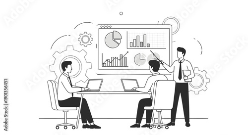 Business team meeting with data analysis on screen, vector line illustration for presentation or website