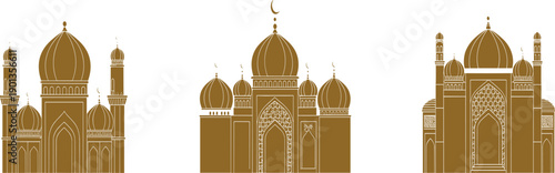 Golden Islamic mosque silhouette vector set with elegant domes arches and crescent moon for Ramadan religious background design