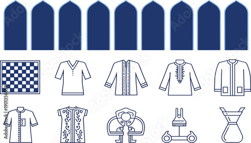 Blue line icon set of traditional clothing prayer mat mosque arches and Islamic cultural elements for Ramadan design