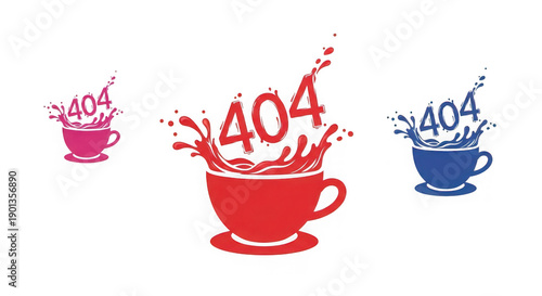 Colorful 404 error icons with splashing coffee cups  website failure symbols transparent background
