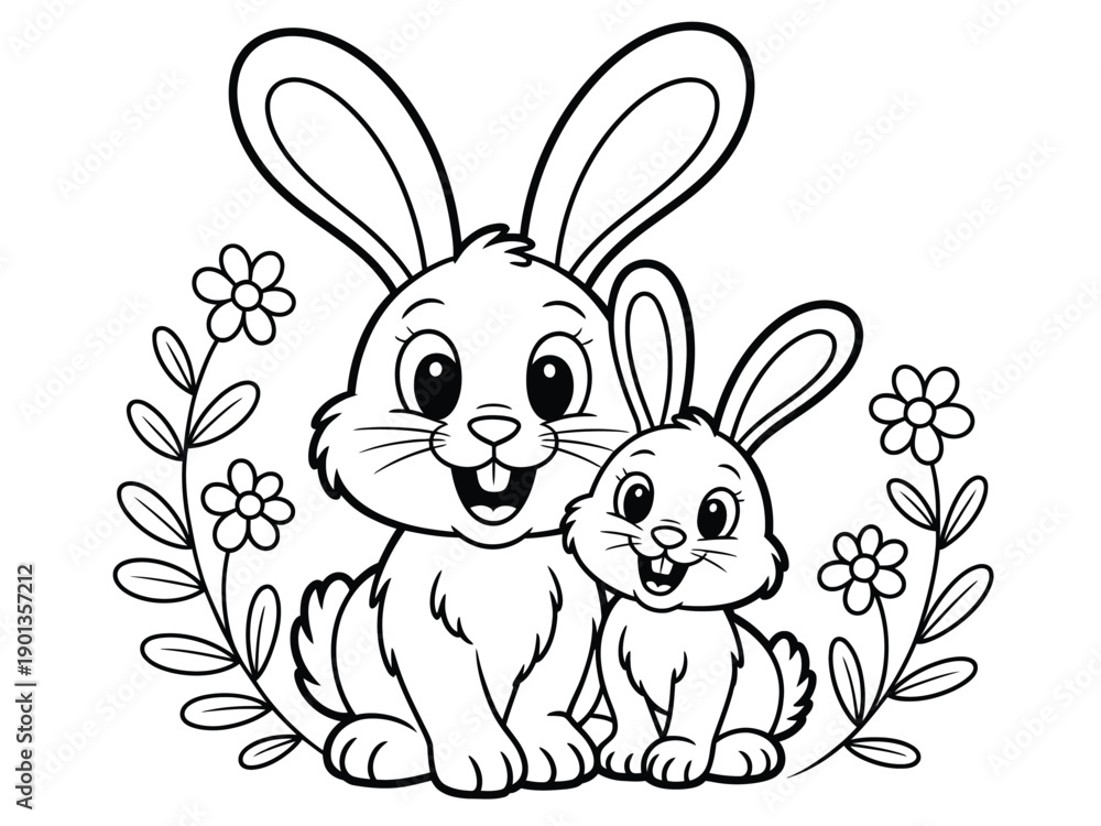 Obraz premium A cute illustration of two happy rabbits surrounded by flowers