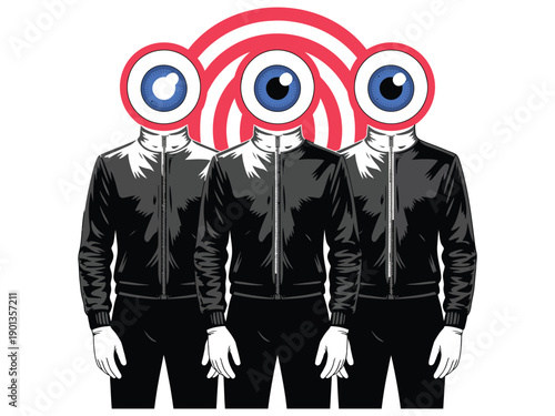 An illustration of three men with giant eyes on their faces standing in a row