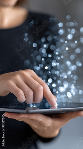 Closeup View of Hands Touching a Tablet Screen in a Home Setting With Light Effects