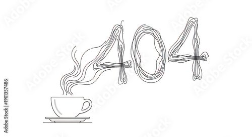 Continuous line drawing of steaming cup with 404 error message transparent background
