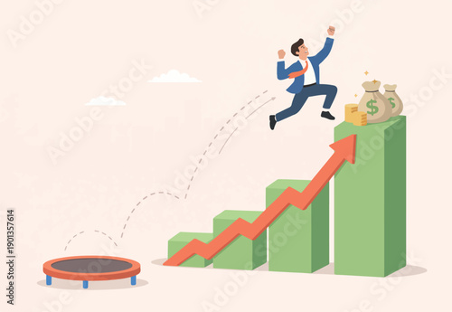 Business challenge, revenue rebound and recover from economic crisis or earning and profit growth jump from bottom concept, strong businessman jumping from trampoline back to top growing bar graph.
