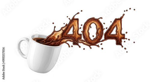 Error 404 coffee cup with splashing brown liquid and numbers isolated on white background transparent background