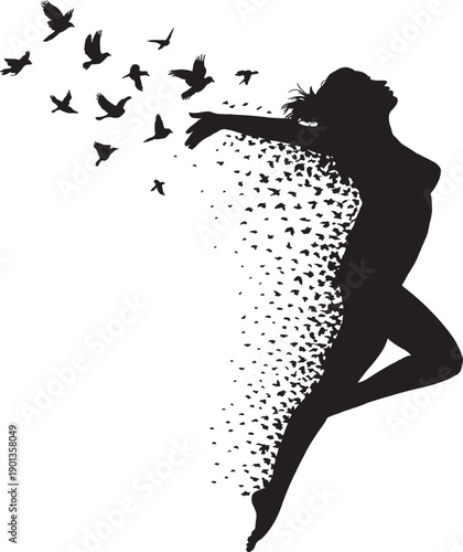 Woman transforming into birds in flight