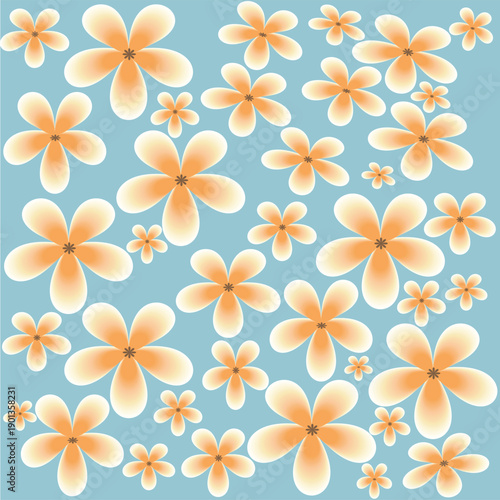 Seamless floral pattern featuring elegant cream frangipani blossoms with orange gradients on a soft pastel blue background. Clean vector illustration for summery textile, wallpaper, and gift wrap.