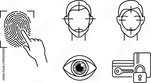 Biometric Security Icons: Fingerprint, Facial Recognition, Eye Scan