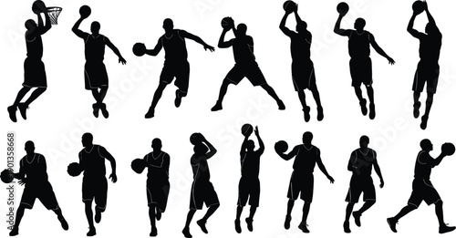 Basketball player black silhouette set, athletes playing in different poses, dunk, dribble and shooting action, team sport vector illustration isolated on white.