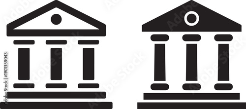 Minimalist black icons depicting classical temple or bank buildings on a light background