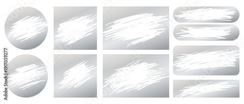 metallic silver scratch-off card elements with scraped surface texture. Instant win lottery, voucher, and discount coupon templates on transparent background. Vector illustration.