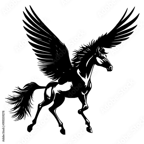 Solid black silhouette of a majestic Pegasus in flight, a mythological winged horse in mid-air, showcasing sharp wing details on a crisp white background, perfect for fantasy and legend designs
