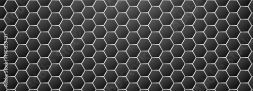 Background hexagon texture and black metal carbon with honeycomb bg grid. Hex tech fiber and grill pattern fibre with vector mesh speaker. Dot background shape and frame black grey.